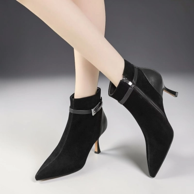 Полусапоги женские натуральная замша с кожей черные GD169-1