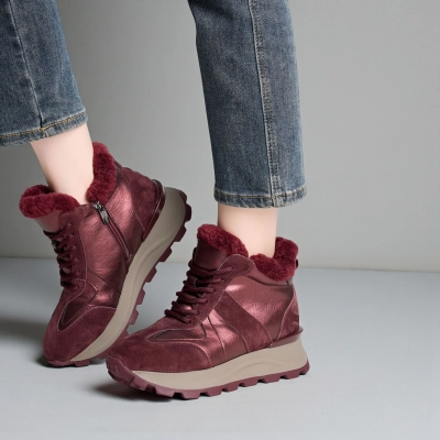 Кроссовки зимние ботинки YM010-4 натуральная замша и кожа бордовые