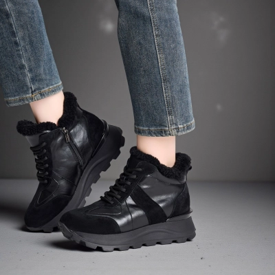 Кроссовки зимние ботинки YM010-1 натуральная замша и кожа черные