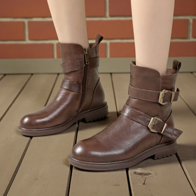 Женские зимние полусапоги YZM087-2 натуральная кожа коричневые