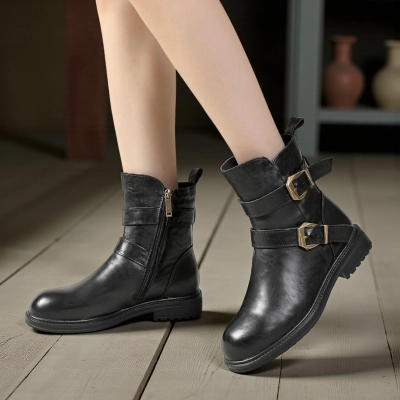 Женские зимние полусапоги YZM087-1 натуральная кожа черные