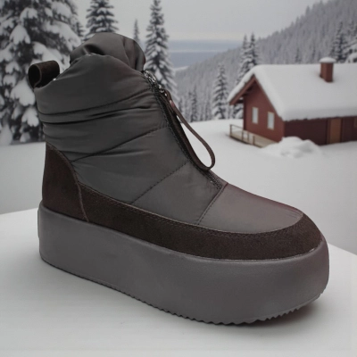 Дутики женские зимние PINDIAN пресс кожа с текстилем коричневые 10837