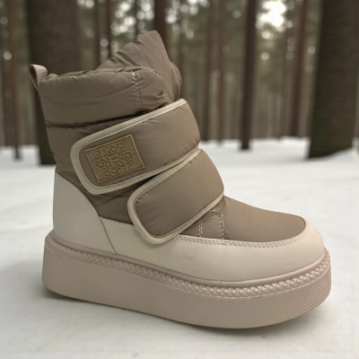 Дутики женские зимние PINDIAN пресс кожа с текстилем бежевые 10839