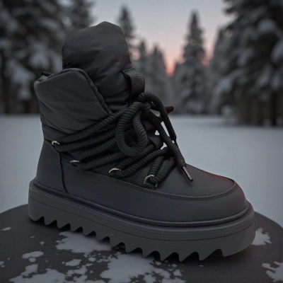 Дутики женские зимние PINDIAN пресс кожа с текстилем черные 10841