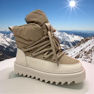 Дутики женские зимние PINDIAN пресс кожа с текстилем бежевые 10843