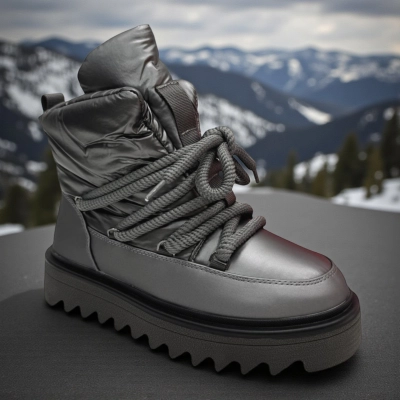 Дутики женские зимние PINDIAN пресс кожа с текстилем серебристые 10844