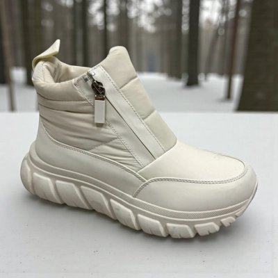 Дутики женские зимние PINDIAN пресс кожа с текстилем бежевые 10846