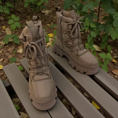 Дутики женские зимние кожа с текстилем коричневые M5111-6P