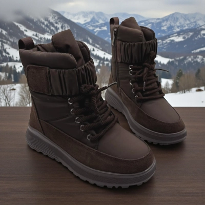 Дутики женские зимние кожа с текстилем шоколадные M5117-7P