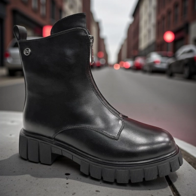 Ботинки женские зимние PINDIAN прессованная кожа черные 11057