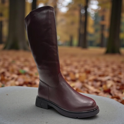 Сапоги женские зимние баталы PINDIAN прессованная кожа бордовые 11114