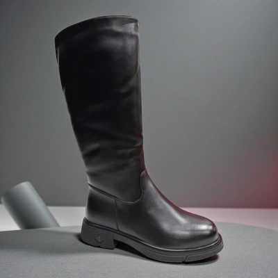 Сапоги женские зимние баталы PINDIAN прессованная кожа черные 11115