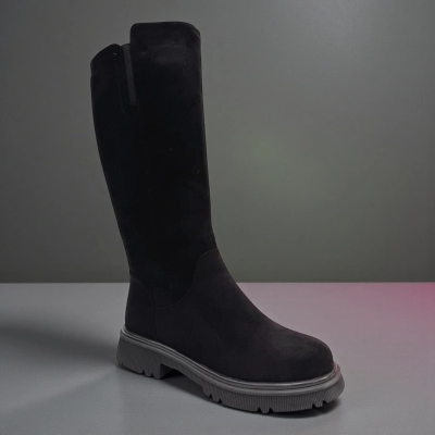 Сапоги женские зимние баталы PINDIAN прессованная замша черные 11117