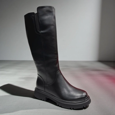 Сапоги женские зимние баталы PINDIAN прессованная кожа черные 11119