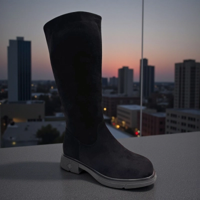 Сапоги женские зимние баталы PINDIAN прессованная замша черные 11120