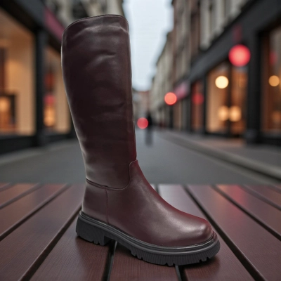 Сапоги женские зимние баталы PINDIAN прессованная кожа бордовые 11123