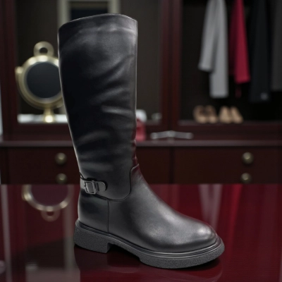 Сапоги женские зимние баталы PINDIAN прессованная кожа черные 11125