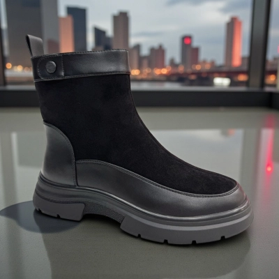 Ботинки женские зимние PINDIAN прессованная кожа и замша черные 11127