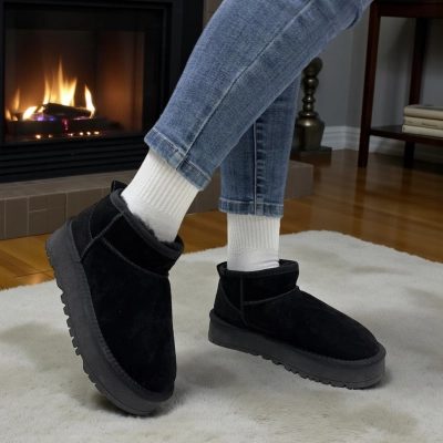 Угги женские на зиму натуральная замша черные 11140