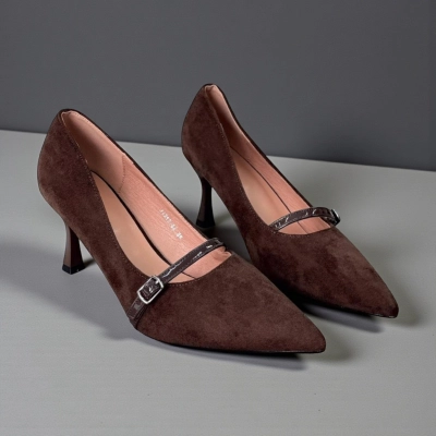Туфли женские на каблуке искусственная замша коричневые 11244