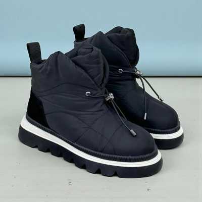 Дутики женские на зиму натуральная кожа с текстилем черные X1055-1