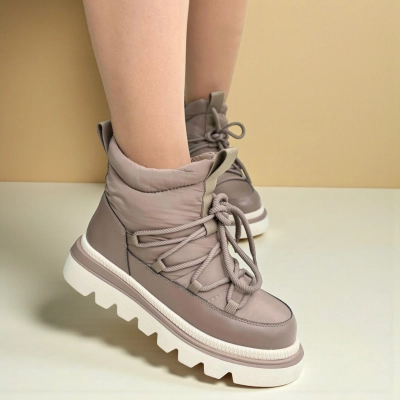 Дутики женские на зиму натуральная кожа с текстилем капучино X1054-7