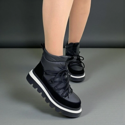 Дутики женские на зиму натуральная замша с текстилем черные X1054-1A