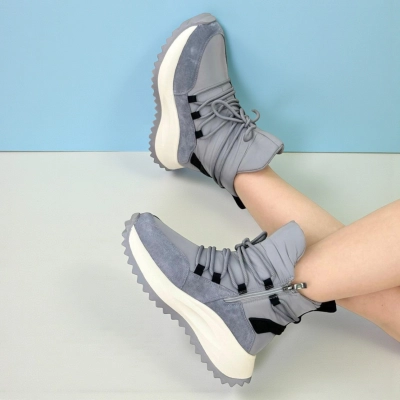 Дутики женские на зиму натуральная замша с текстилем серые X1052-6