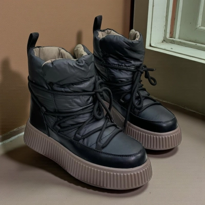 Дутики женские на зиму натуральная кожа с текстилем черные X1056-1A