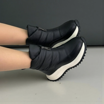 Дутики женские на зиму натуральная кожа с текстилем черные X1053-1