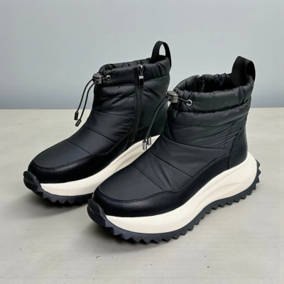 Дутики женские на зиму натуральная кожа с текстилем черные X1051-1