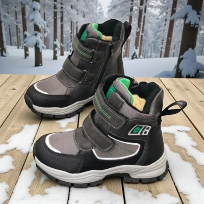 Ботинки детские на зиму искусственная кожа с текстилем серые с черным A6671-3