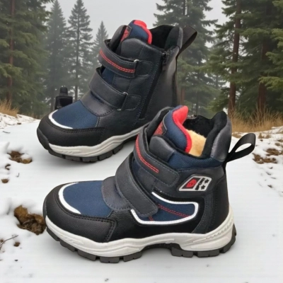 Ботинки детские на зиму искусственная кожа черные с синим A6671-5