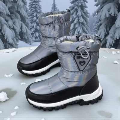 Дутики детские на зиму искусственная кожа с текстилем серые A5556-15