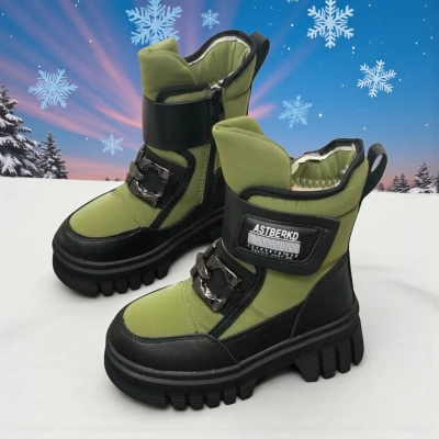 Дутики детские на зиму искусственная кожа с текстилем зеленые B5007-9 Дутики детские на зиму искусственная кожа с текстилем зеленые B5007-9