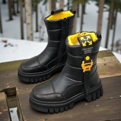 Дутики детские на зиму искусственная кожа с текстилем черные A5006-8 Дутики детские на зиму искусственная кожа с текстилем черные A5006-8