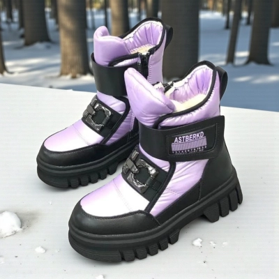 Дутики детские на зиму искусственная кожа с текстилем сиреневые A5007-17 Дутики детские на зиму искусственная кожа с текстилем сиреневые A5007-17