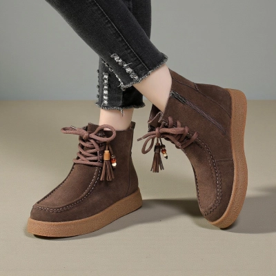 Зимние женские ботинки YM108-2 изготовлены из высококачественной замши естественного коричневого цвета