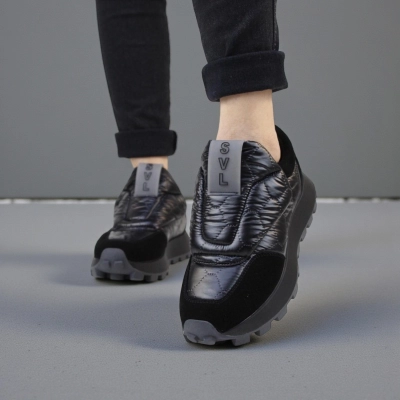 Кроссовки женские демисезонные натуральная кожа с текстилем черные F1003-1