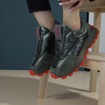 Кроссовки женские демисезонные натуральная кожа с текстилем зеленые F1003-10