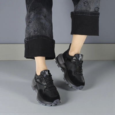 Кроссовки женские демисезонные натуральная кожа и замша черные F1011-1