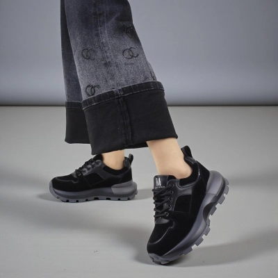 Кроссовки женские демисезонные натуральная кожа и замша черные F1013-1