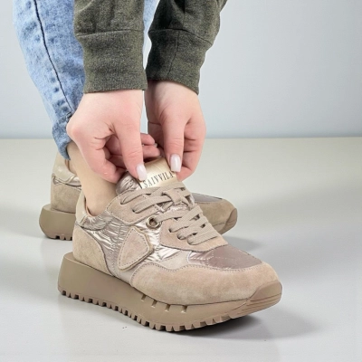 Кроссовки женские зимние натуральная замша с текстилем бежевые F1008-17