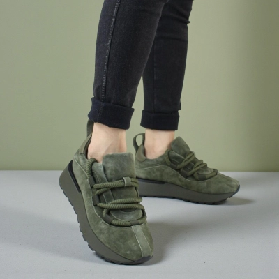 Кроссовки женские зимние натуральная замша зеленые F1001-10