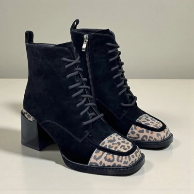 Ботинки женские зимние натуральная замша черные с леопардом 12009