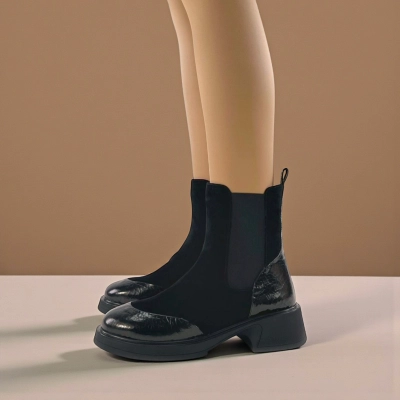 Женские зимние ботинки челси на каблуке W222-2 натуральная кожа замша черные